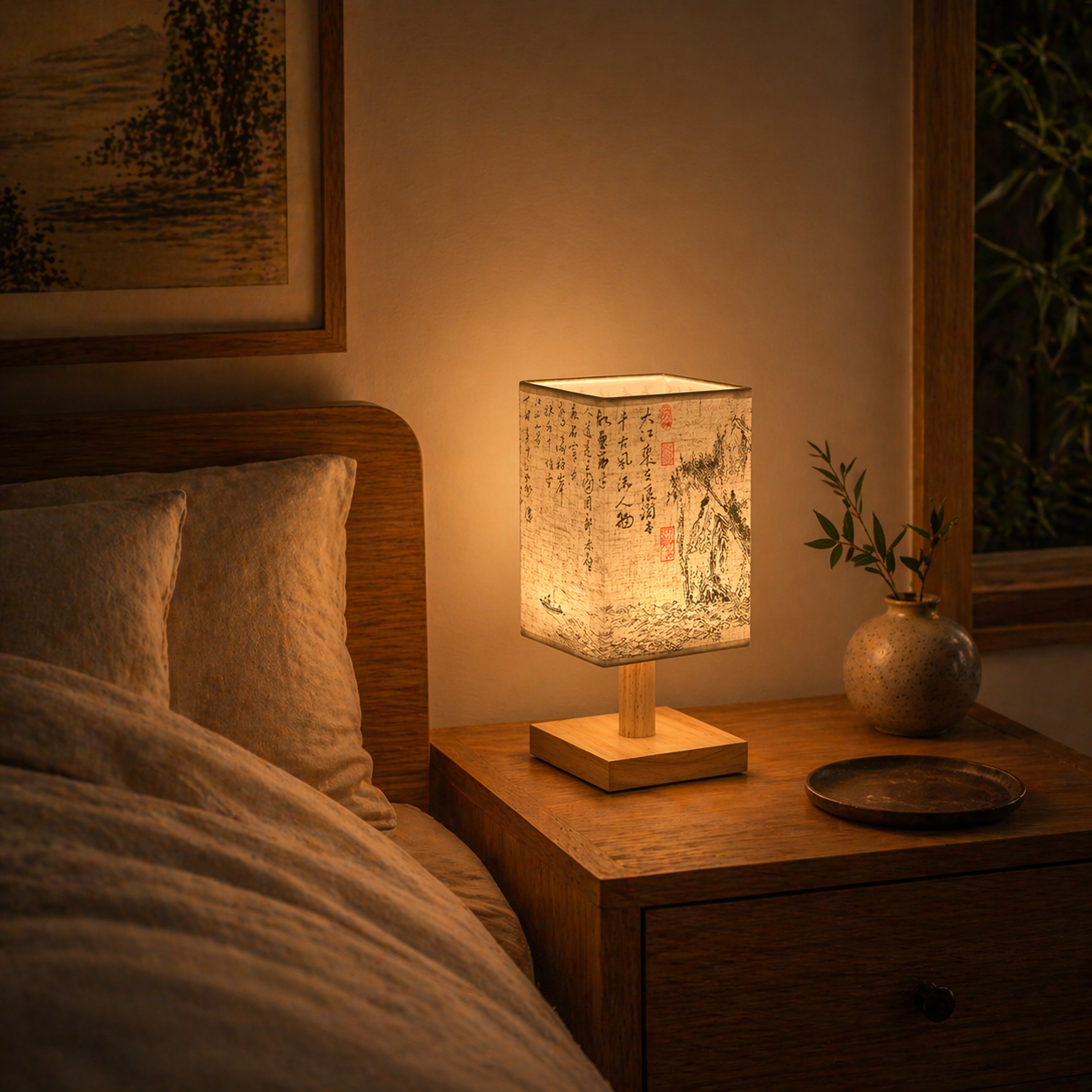Lampe Style Chinois en Bois et Tissu