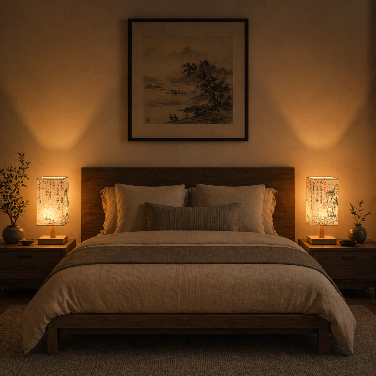 Lampe Style Chinois en Bois et Tissu