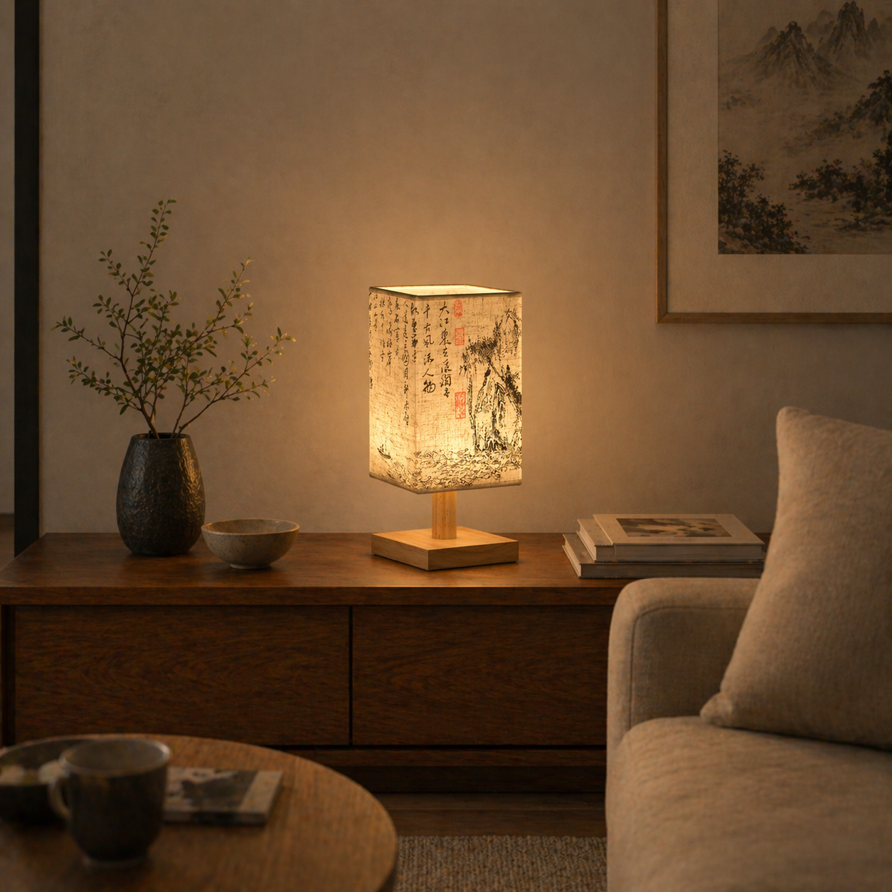 Lampe Style Chinois en Bois et Tissu