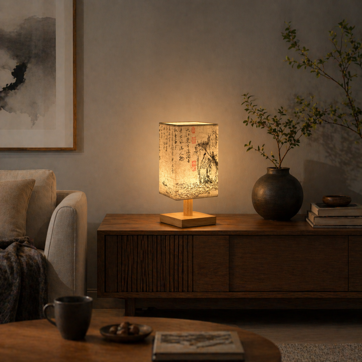 Lampe Style Chinois en Bois et Tissu